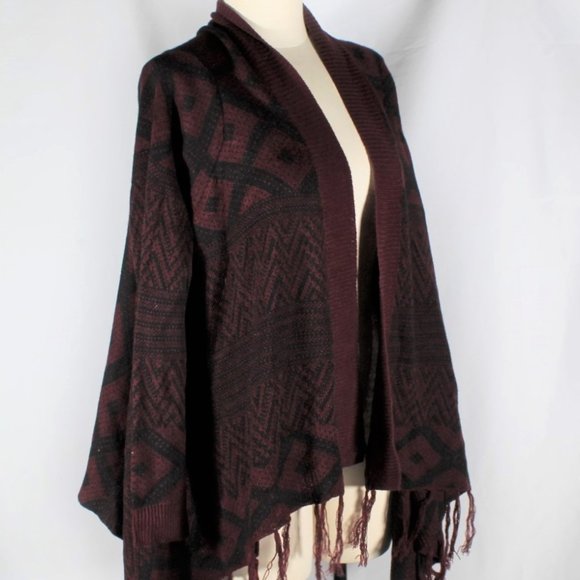 NWT Boho Southwestern Burgundy & Black Open Cardigan Sweater with Tassels XL - Picture 1 of 6